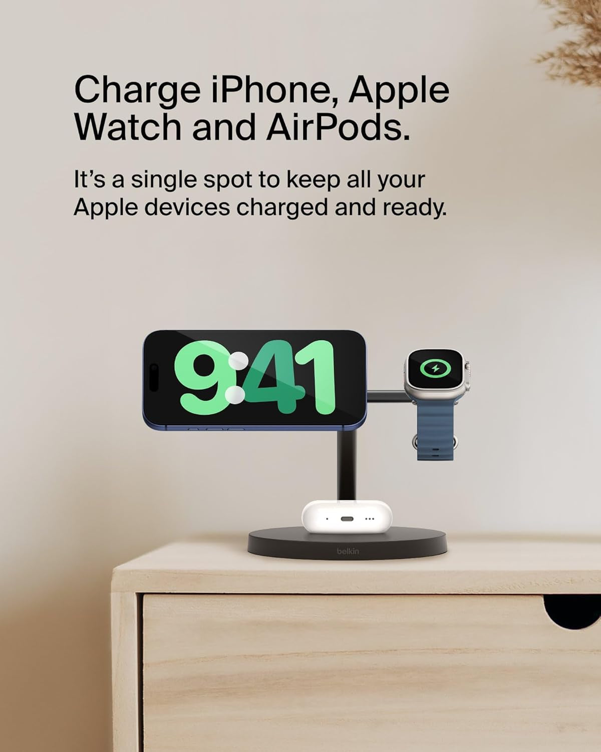 Magsafe-Compatible Iphone Charger, 3-In-1 Wireless Charging Station, Qi2-Certified 15W Wireless Charge for Apple Iphone 17 Series, Apple Watch, Airpods W/Non-Slip Base, 40W Included - Black