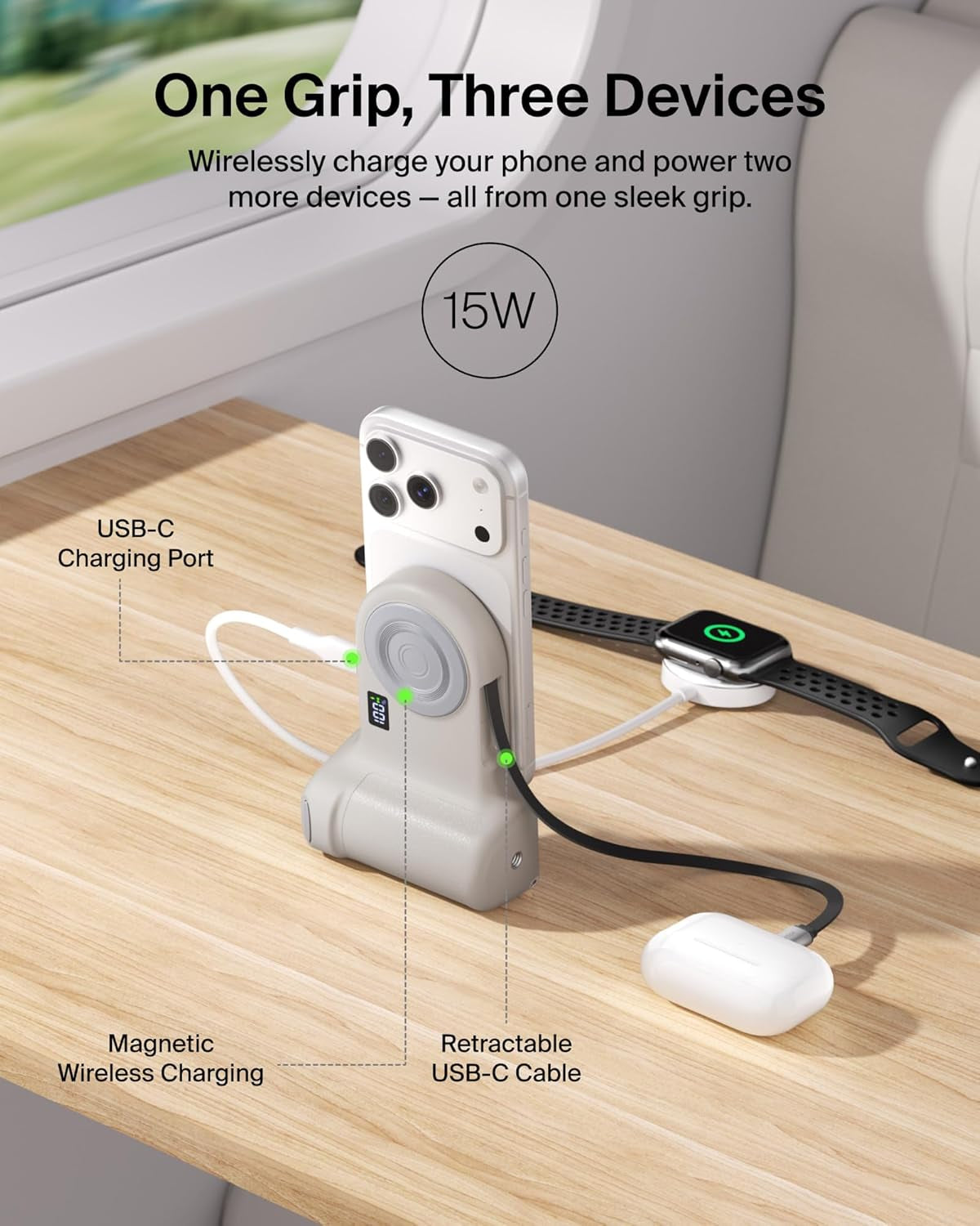 Magnetic Wireless Charging Camera Grip 9300Mah, Power Bank W/Retractable USB C Cable, Bluetooth Connection, Tripod Attachment, LCD Screen, Ergonomic, Portable Charger for Iphone & Smartphones