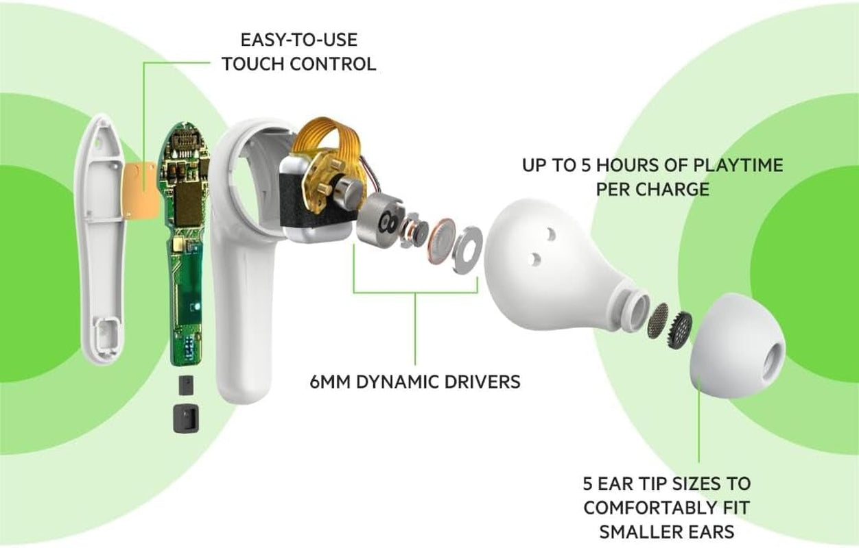 Soundform Nano - Bluetooth Earbuds for Kids with Built-In Microphone, 24H Battery Life, 85Db Safe Volume Limit - Kids Bluetooth Earbuds for Iphone, Ipad, Galaxy & More - White