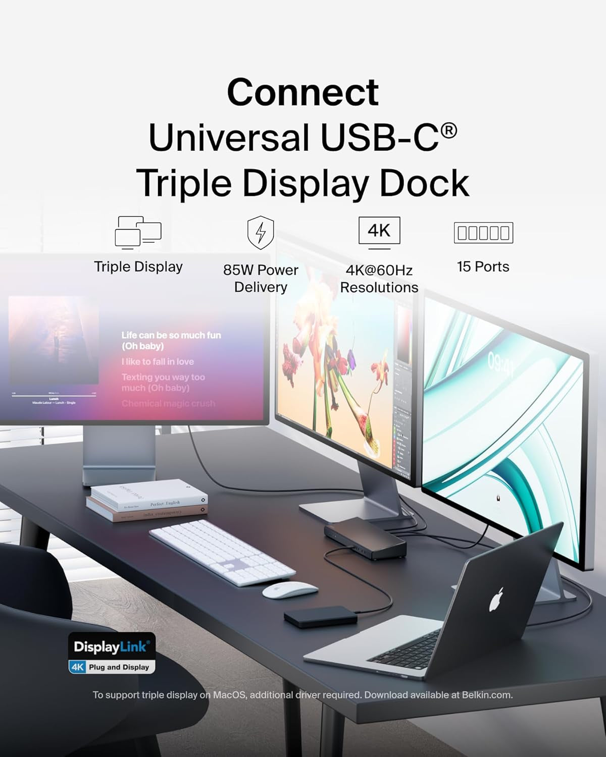 15-In-1 Universal Triple Display Displaylink Docking Station Hub W/ 3 HDMI Ports, 2 Displayports for Triple 4K Display W/ 85W PD, 3.5Mm Mic/Speaker, 1 USB-C, & 5 USB-A Ports, Black