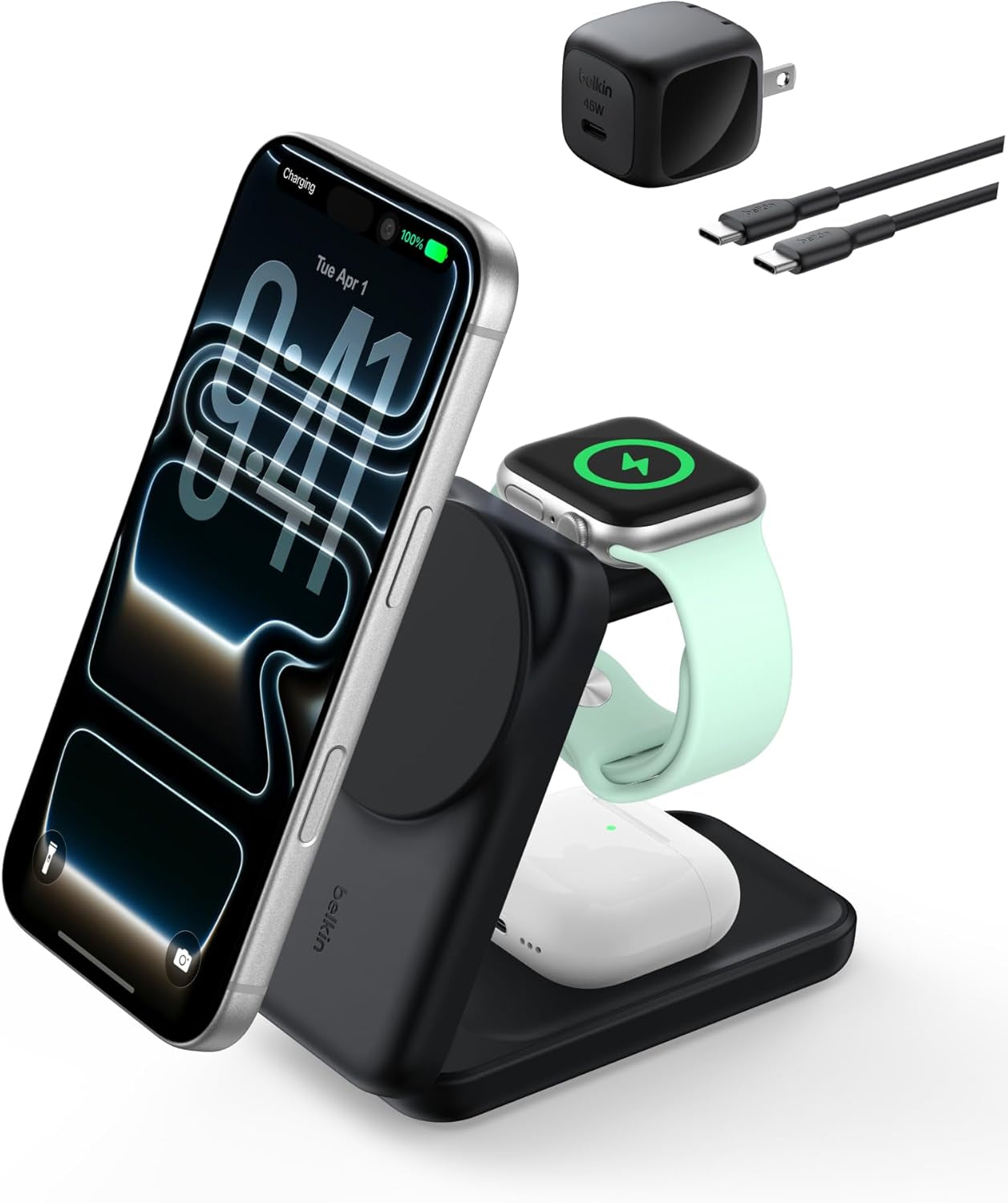 Magsafe Charger Compatible, 3-In-1 Charging Station, Qi2.2 25W Magnetic Wireless Charger Dock, Foldable Charging Stand for Iphone 17/16/15, Apple Watch, Airpods, Pixel 10 (45W Adapter Included)