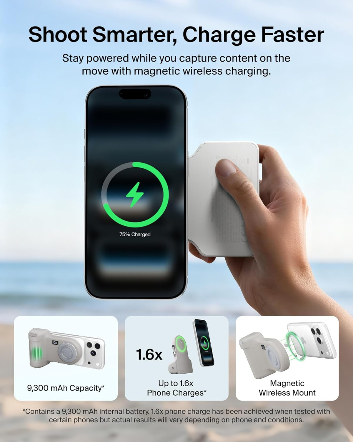 Magnetic Wireless Charging Camera Grip 9300Mah, Power Bank W/Retractable USB C Cable, Bluetooth Connection, Tripod Attachment, LCD Screen, Ergonomic, Portable Charger for Iphone & Smartphones