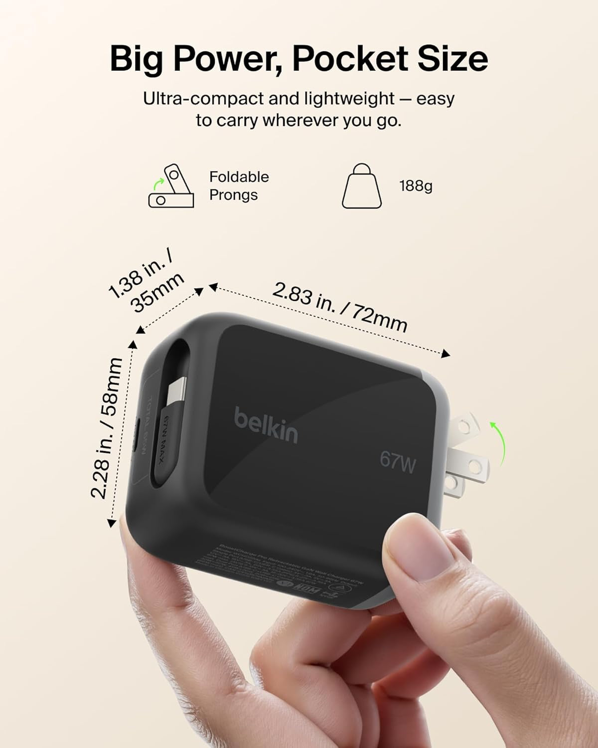 USB C Retractable Wall Charger, 67W Max Gan Fast Charging Block W/Built-In, Extra-Long 3.3Ft Retractable Cable - Iphone Charger for Iphone 17/16 Series, Galaxy, Macbook, Airpods, Ipad, & More