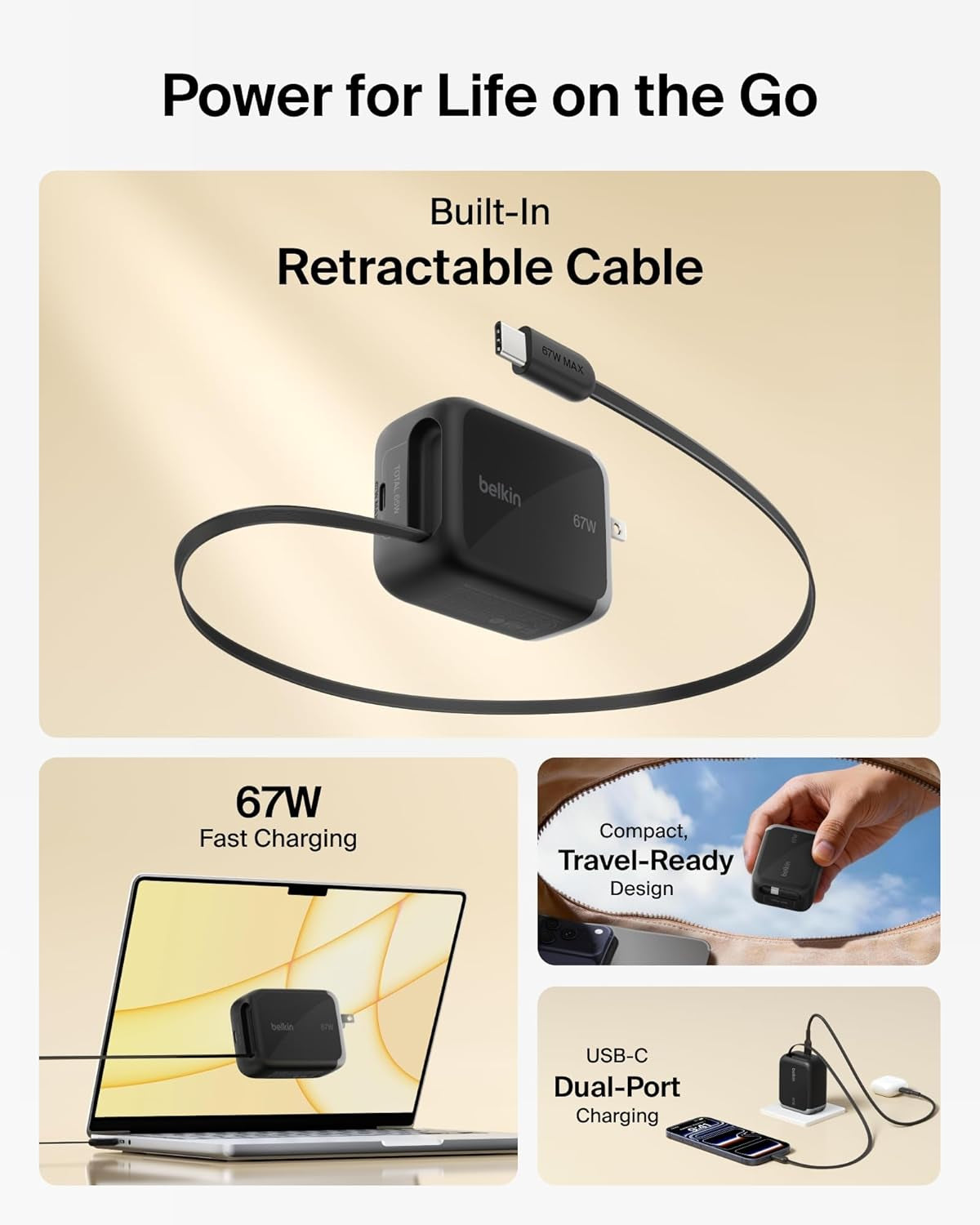 USB C Retractable Wall Charger, 67W Max Gan Fast Charging Block W/Built-In, Extra-Long 3.3Ft Retractable Cable - Iphone Charger for Iphone 17/16 Series, Galaxy, Macbook, Airpods, Ipad, & More