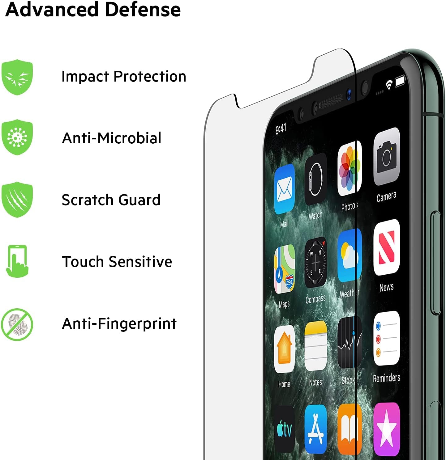Screen Protector for Apple Iphone 11 Pro, Iphone XS or Iphone X with Antimicrobial-Treated Coating and Included Easy Align Tray for Simple, Bubble Free Installation, Screenforce Temperedglass