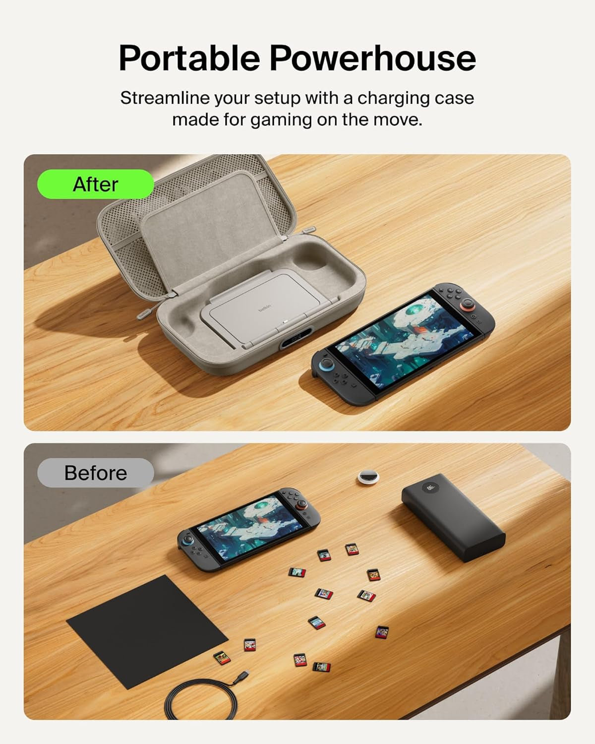 Nintendo Switch 2 Charging Case Pro, 10000Mah Power Bank, 30W Fast Charging W/Kick Stand - Custom Fit, Hard Shell Carrying Case, 12 Game Card Slots, Airtag Holder, Digital Display - Sand