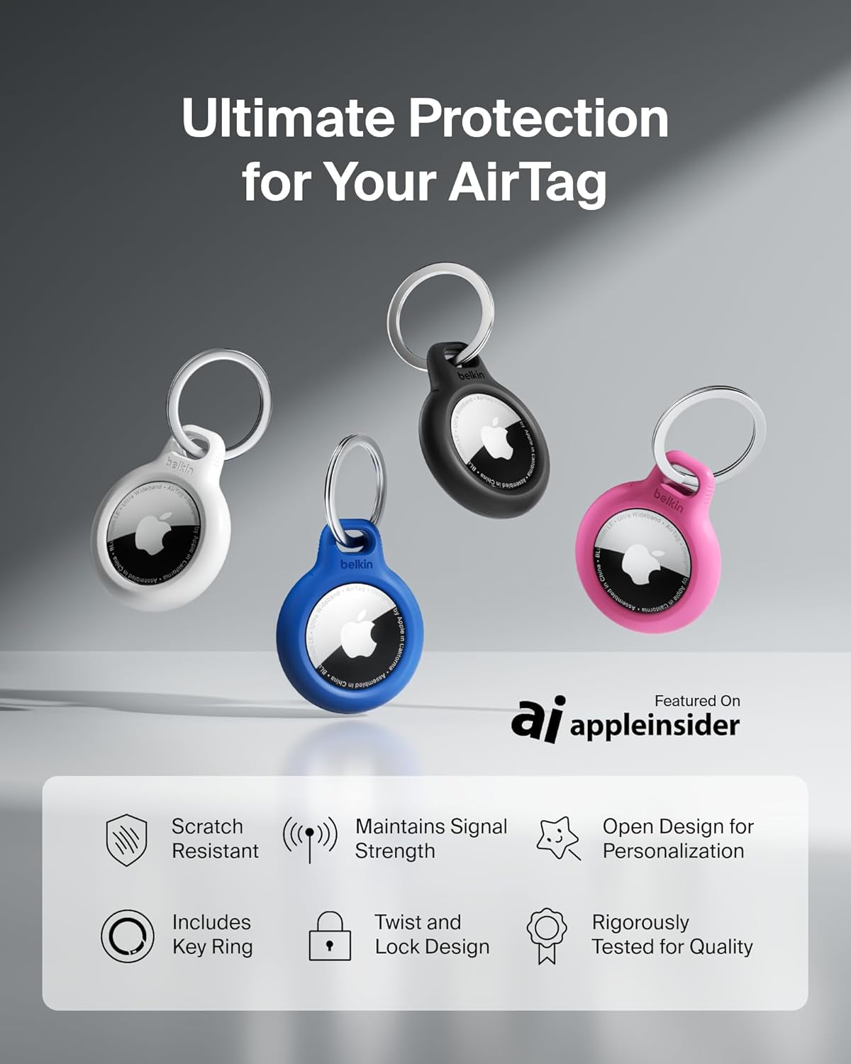 Apple Airtag Secure Holder with Key Ring - Durable Scratch Resistant Case with Open Face & Raised Edges - Protective Airtag Keychain Accessory for Keys, Pets, Luggage, Backpacks - 4-Pack Black