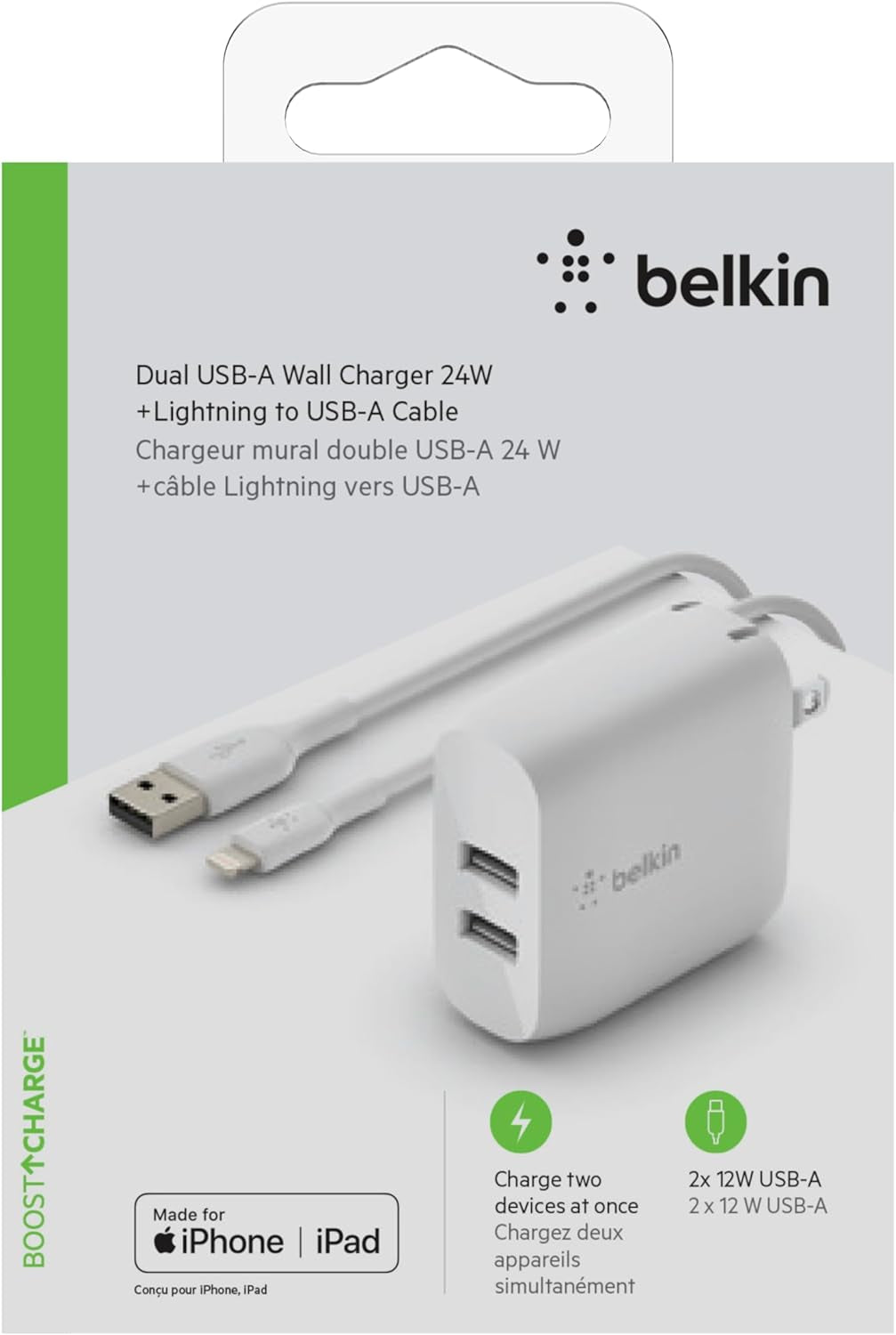 24W Dual Port USB Wall Charger - Lightning Cable Included - Iphone Charger Fast Charging - USB Charger Block for Power Bank, Iphone 14, Iphone 13, Iphone 12, Iphone 11, Ipad Pro, Samsung & More