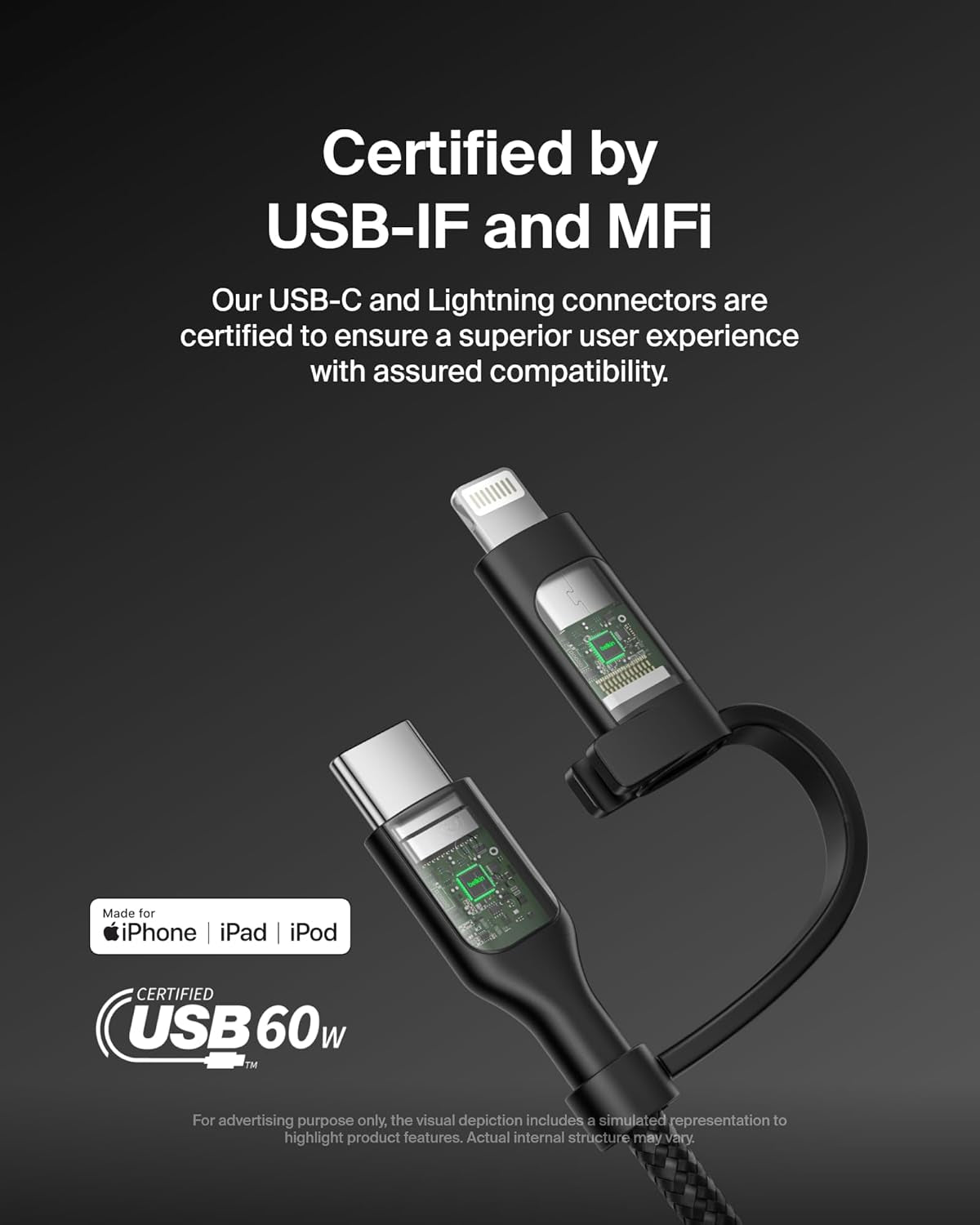 Boostcharge Braided 2-In-1 USB-C Charging Cable W/Usb-C & Lightning Connector (1.5M) Fast & Multi-Charging for Iphone Series, Ipad, Macbook, Galaxy Series, Nintendo Switch 2 & More - Black