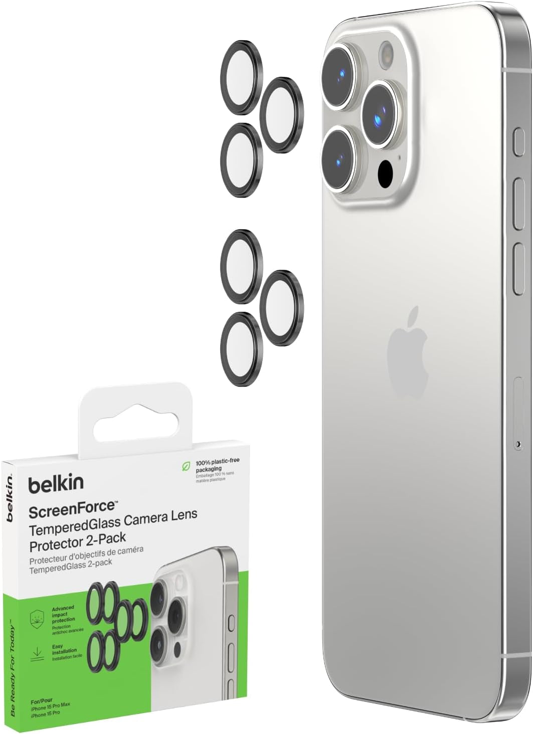 Screenforce Temperedglass Camera Lens Protector for Apple Iphone 15 Pro, 15 Pro Max - Case-Compatible Tempered Glass Lens Cover, Apple Iphone Accessories - 2-Pack