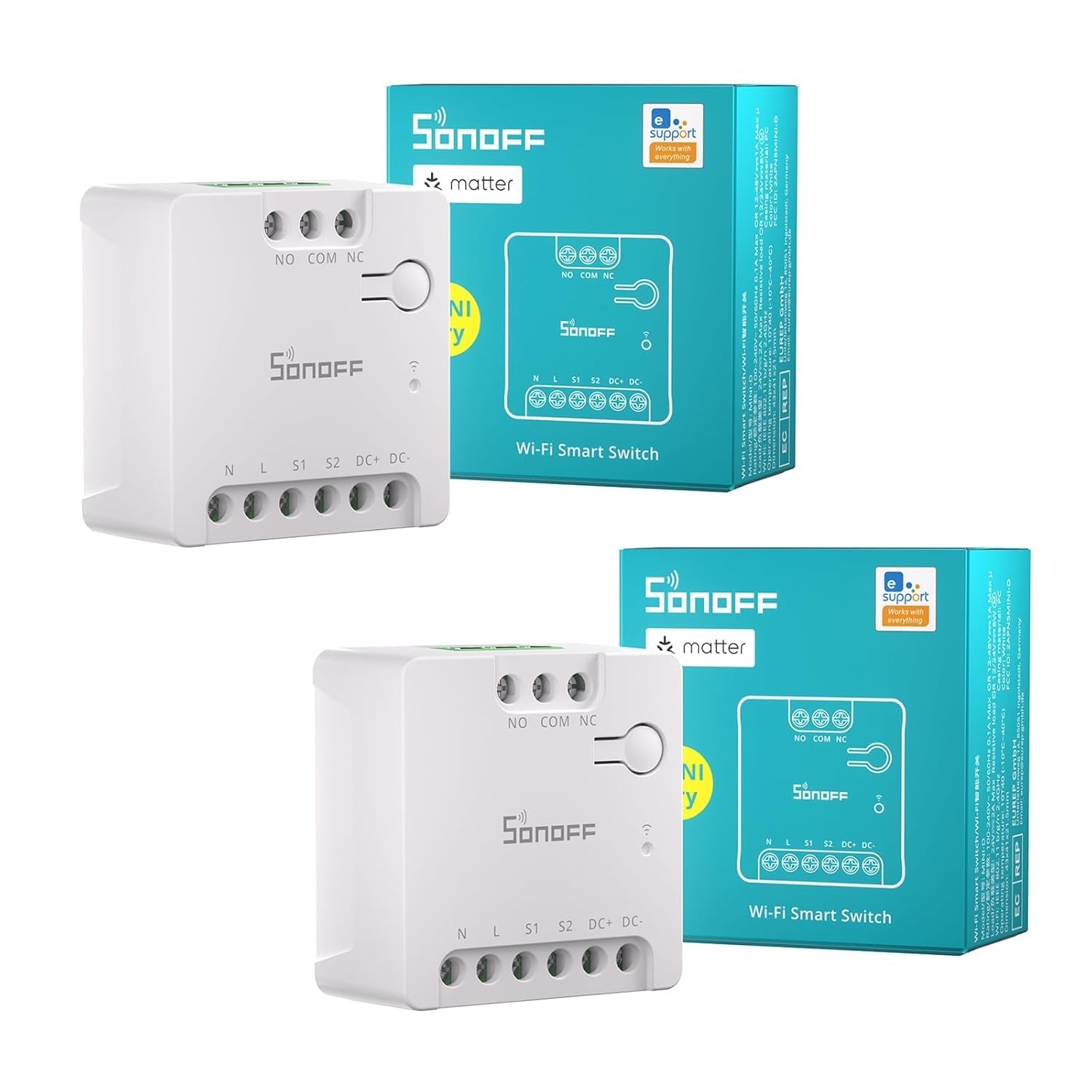 WiFi Mini-D Smart Switch with Matter Compatibility, Dry Contact Output, AC/DC Input Support, Alexa & Google Home Integration, Ideal for Garage Doors, Boilers, Low Power DC Motors, and Solenoid Valves (Pack of 2)