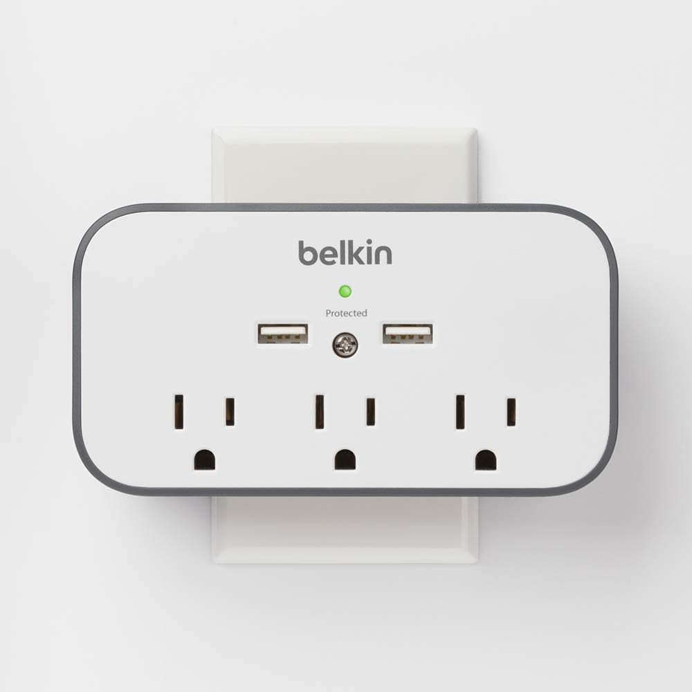 Belkin Wall Surge Protector - 3 Outlet W/ 2 USB Ports Mount with Premium Protection against Surges Safe Charge for Mobile Devices, Tablets & More (540 Joules)