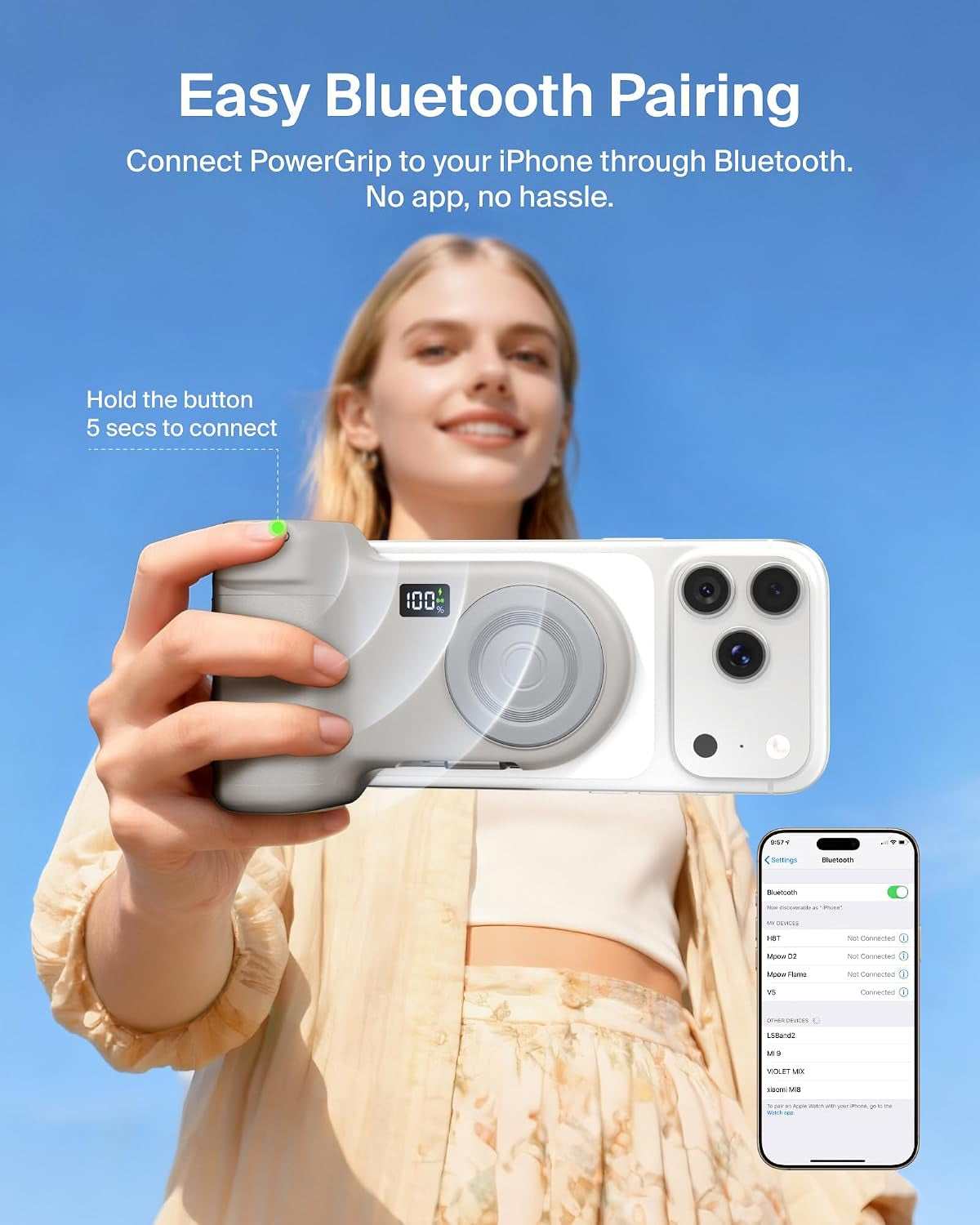 Magnetic Wireless Charging Camera Grip 9300Mah, Power Bank W/Retractable USB C Cable, Bluetooth Connection, Tripod Attachment, LCD Screen, Ergonomic, Portable Charger for Iphone & Smartphones