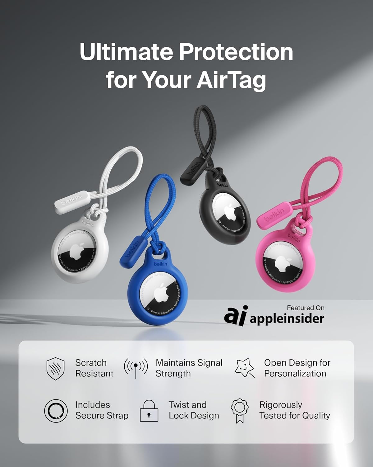 Apple Airtag Secure Holder with Strap - Apple Air Tag Keychain - Airtag Holder with Strap for Key Ring - Airtag Keychain Accessories - Scratch Resistant Airtag Case with Raised Edges - White